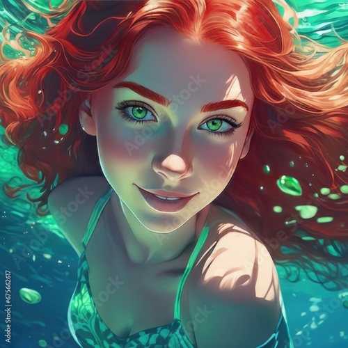 The girl and the sea. The girl is swimming underwater.