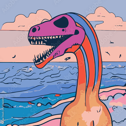 A cartoon dinosaur on a beach vector design vector design prints