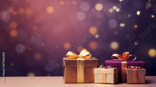 Golden gift presents on a light dark purple background with colorful bokeh and stars glittering © tashechka
