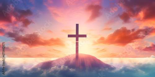 Christian easter conceptual religious symbol on a colorful sky,Easter Glory Religious Symbol Illuminating the Sky