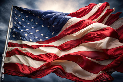 United States of America flag waving in the wind against dark blue sky
