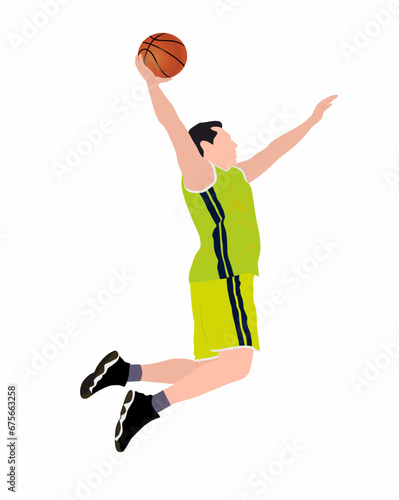 Basketball player on isolated white background. Vector illustration in full length in playing pose. 