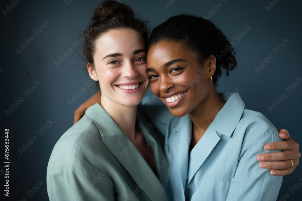 Picture of two women standing next to each other. This image can be used to depict friendship, teamwork, diversity, or any other concept involving two individuals standing together. Picture of two women standing next to each other. This image can be used to depict friendship, teamwork, diversity, or any other concept involving two individuals standing together.