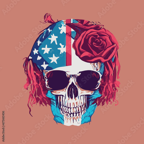 A skull vector , cranium skull , human skull vector,free vector with a bandana and a rose vector design color