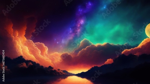Nebula seen from river. Gascloud. Cosmic art. Galactic art. 4K - 8K - 12K TV. Generative AI.