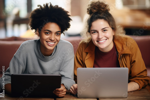 Two women sitting at table, using laptop. Suitable for business, technology, or teamwork concepts.