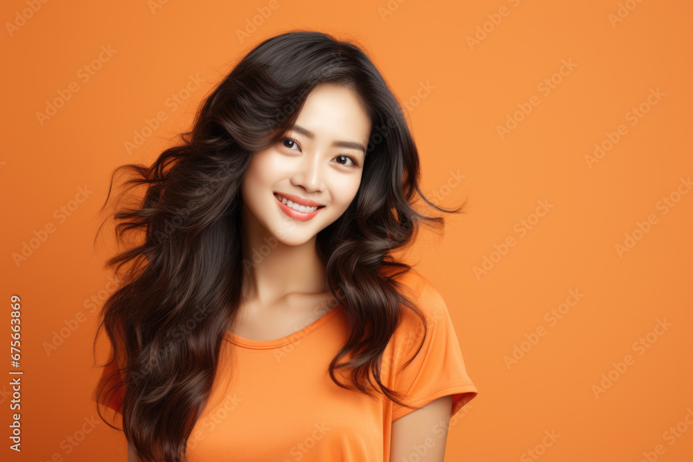 Woman with long black hair wearing orange shirt. Woman with long black hair wearing orange shirt.
