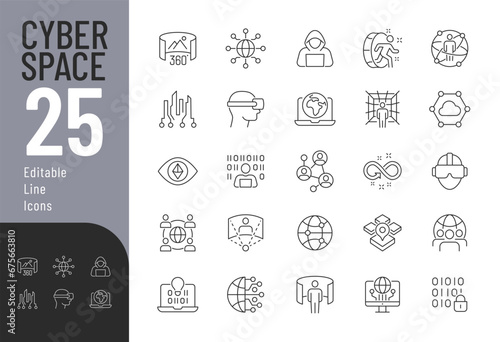 Cyberspace Line Editable Icons set. Vector illustration in thin line modern style of virtual reality related icons: metaverse, programming, data protection, and more. Isolated on white.