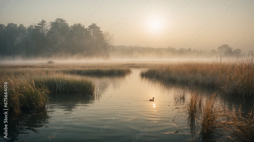Early morning, fog on the lake, reeds in the water, duck hunting, nature and landscape. - obrazy, fototapety, plakaty 