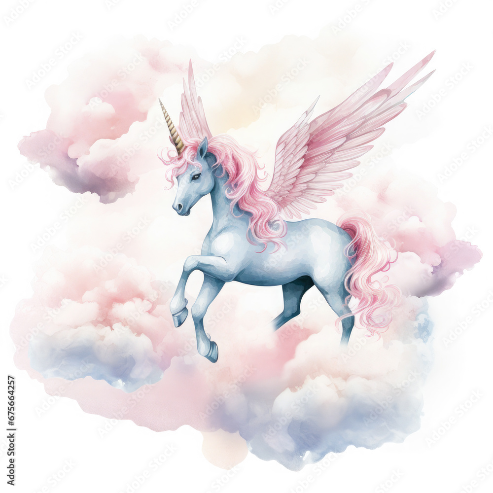 Pink Unicorn Above The Clouds Illustration, Generative Ai Pink Unicorn Above The Clouds Illustration, Generative Ai