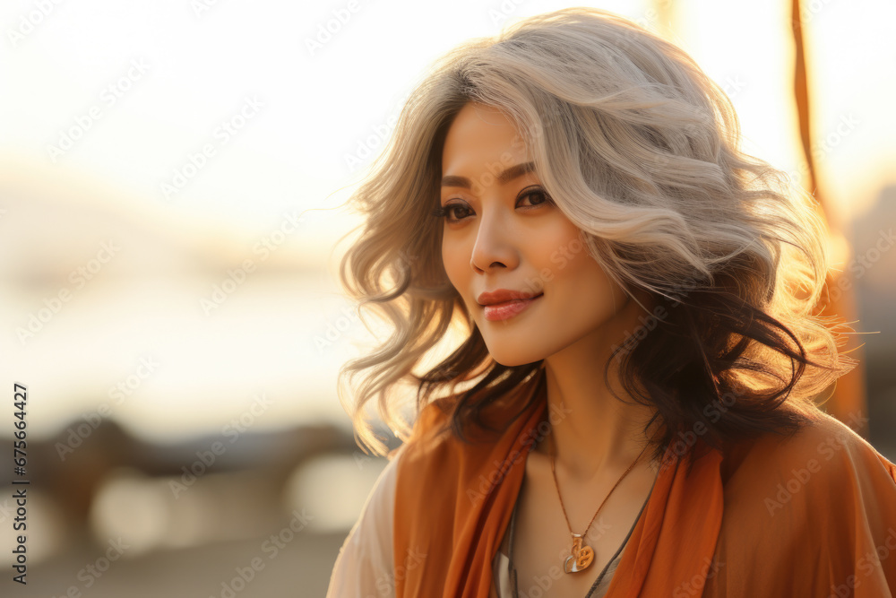 Woman with gray hair wearing necklace. This image can be used to represent elegance, maturity, and fashion. Woman with gray hair wearing necklace. This image can be used to represent elegance, maturity, and fashion.