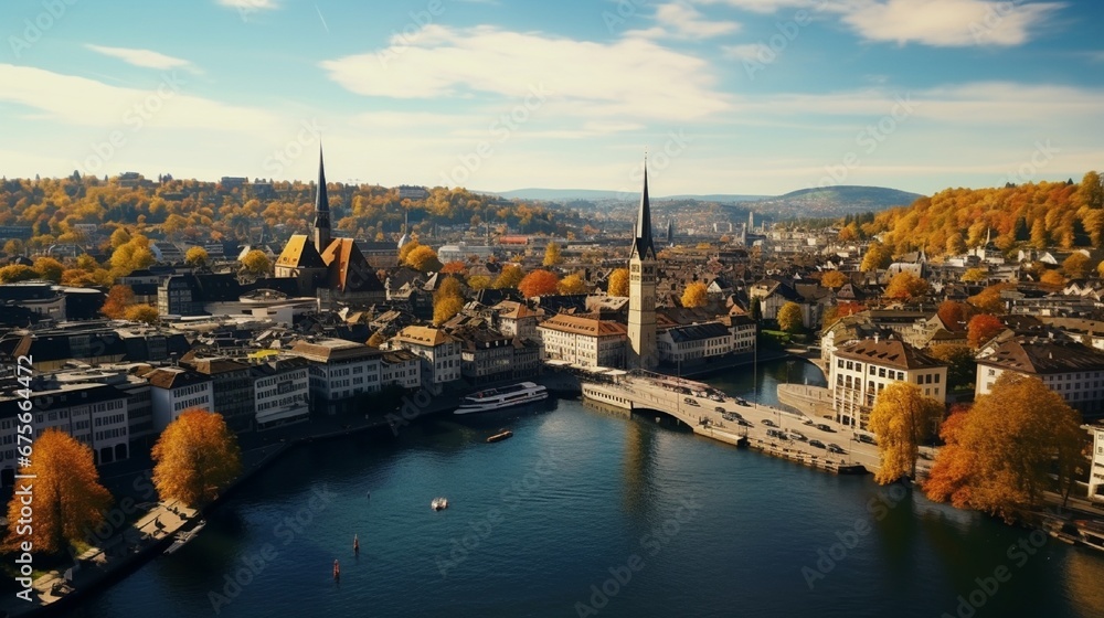 Aerophotography. View from a flying drone. Panoramic cityscape of Old Town Zurich, Switzerland. top view