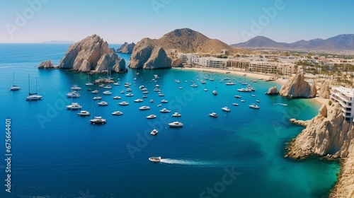 Aerial panoramic view of Lands End and El Arco at the tip of Baja California Sur, with the Cabo San Lucas, Mexico marina in the background photo