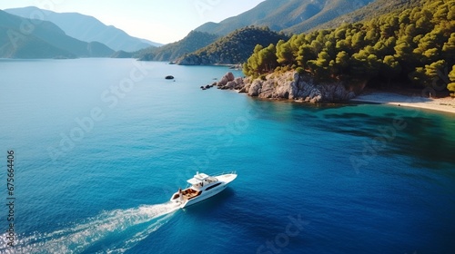 Aerial view of speed boat on blue sea at sunset in summer. Motorboat on sea bay, rocks in clear turquoise water. Tropical landscape with yacht, stones. Top view from drone. Travel in Oludeniz, Turkey
