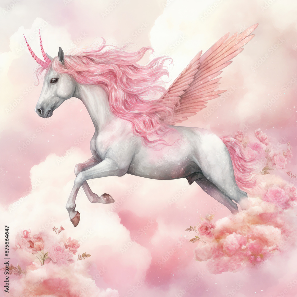 Pink Unicorn Above The Clouds Illustration, Generative Ai Pink Unicorn Above The Clouds Illustration, Generative Ai