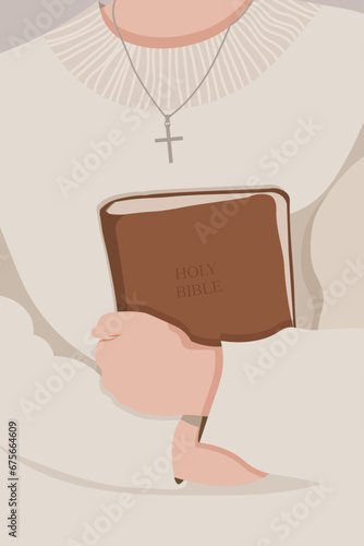 Girl with a Bible in her hands, Gospel, Christian church. Young Christian woman holding a Bible. Girl with a cross on her neck.