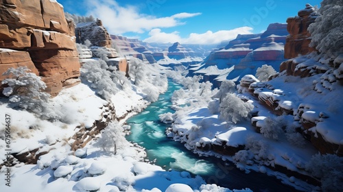 A snowy river cuts through a canyon with layered rock formations under a clear blue sky.