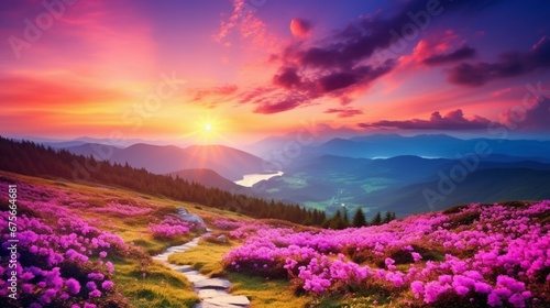 Attractive summer sunset with pink rhododendron flowers. Location place Carpathian mountains, Ukraine, Europe. Vibrant photo wallpaper. Image of exotic landscape. Discover the beauty of earth.