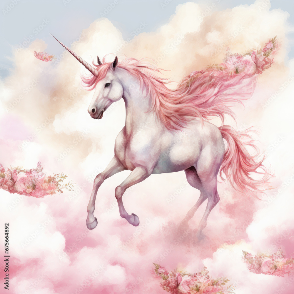 Pink Unicorn Above The Clouds Illustration, Generative Ai Pink Unicorn Above The Clouds Illustration, Generative Ai