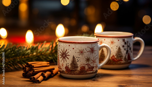 christmas cup of coffee with cinnamon and star anise on wooden table with christmas lights