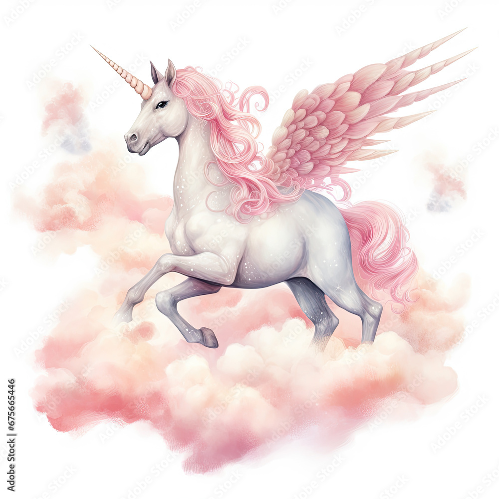 Pink Unicorn Above The Clouds Illustration, Generative Ai Pink Unicorn Above The Clouds Illustration, Generative Ai
