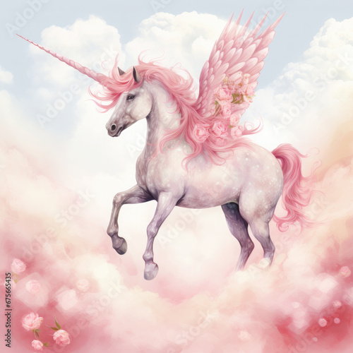 Pink Unicorn Above The Clouds Illustration  Generative Ai