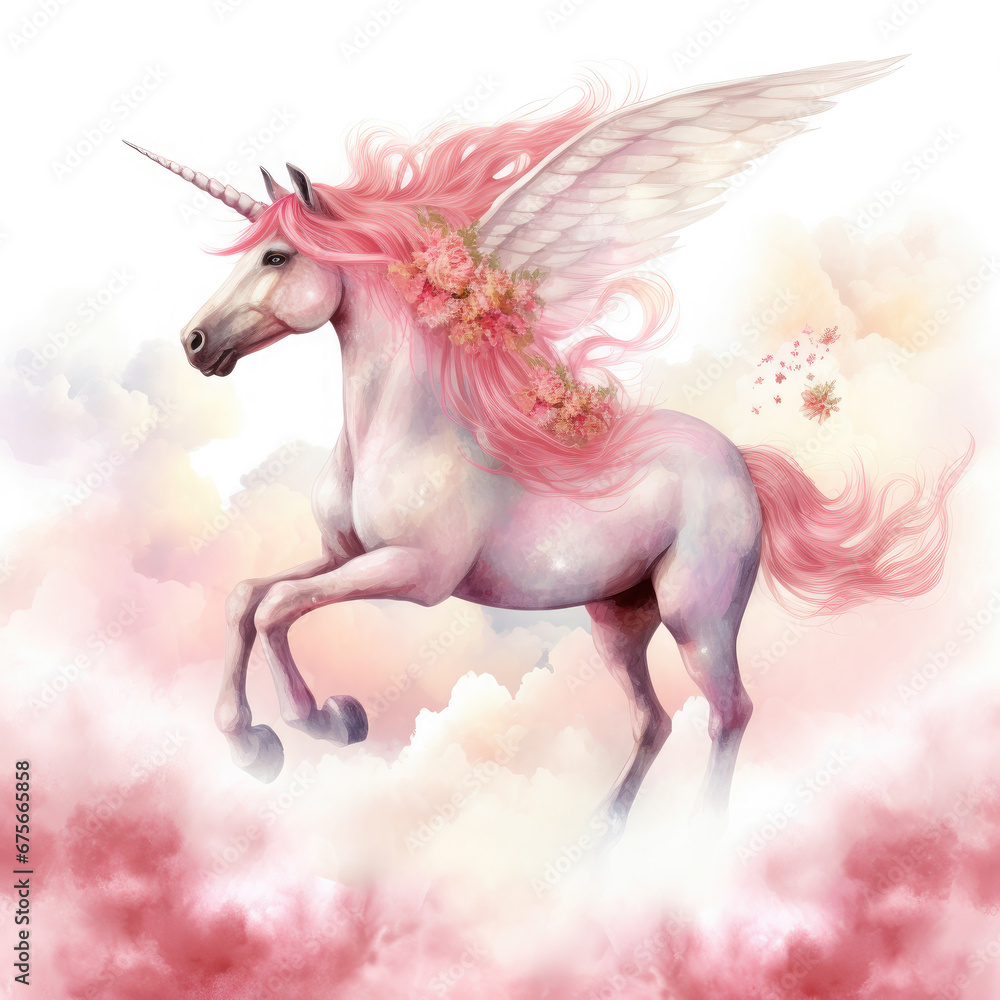 Fototapeta premium Pink Unicorn Above The Clouds Illustration, Generative Ai