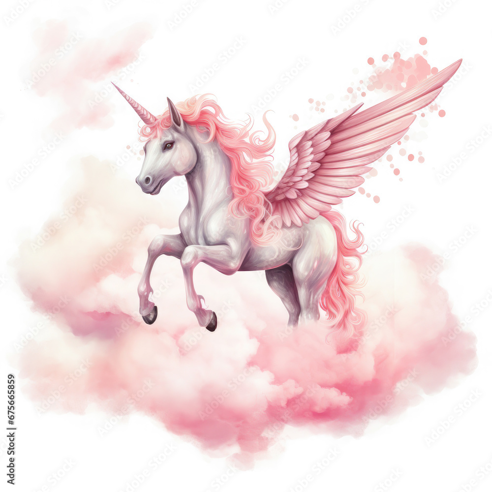 Fototapeta premium Pink Unicorn Above The Clouds Illustration, Generative Ai