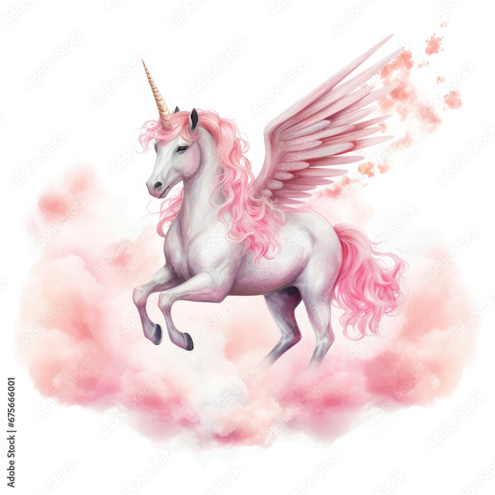 Pink Unicorn Above The Clouds Illustration, Generative Ai Pink Unicorn Above The Clouds Illustration, Generative Ai