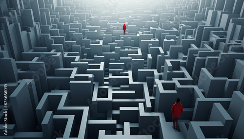 a man standing in front of a maze with a red coat photo
