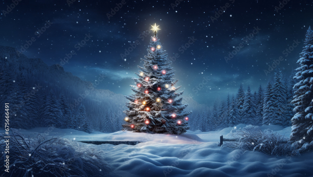 Winter scene with tree on the snow and christmas lights. New year holiday concept