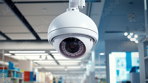 Close - up of a security camera's lens of supermarket. accent lighting, natural light, global illumination