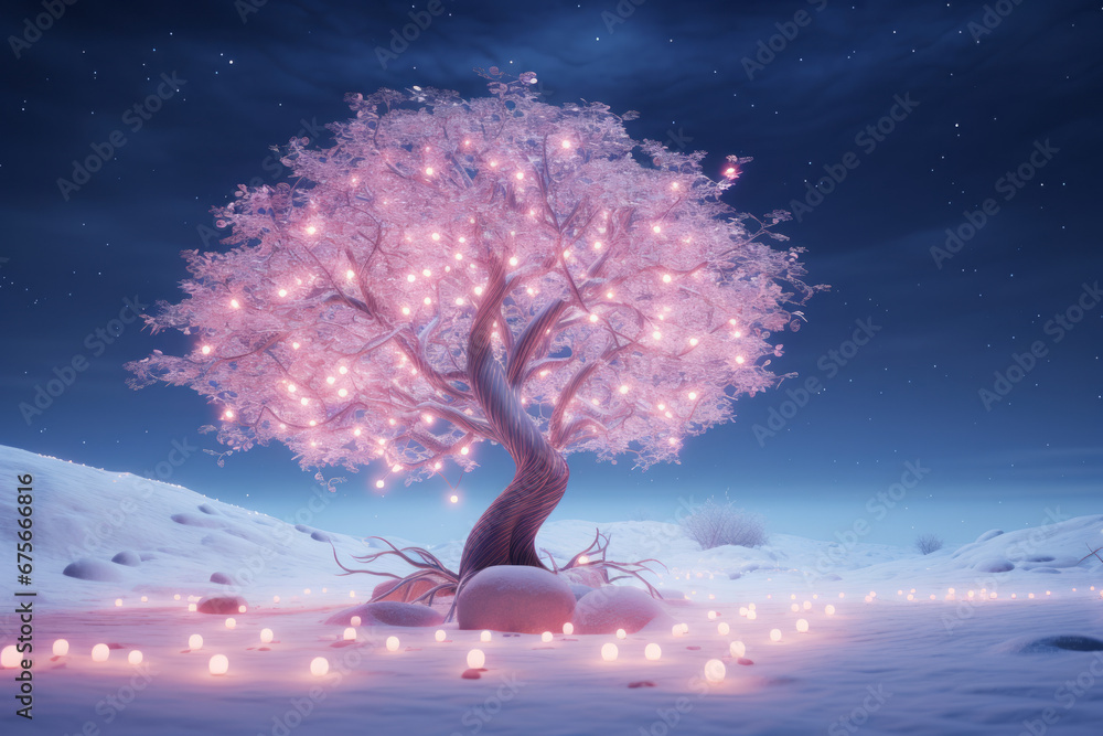 Winter scene with tree on the snow and christmas lights. New year holiday concept Winter scene with tree on the snow and christmas lights. New year holiday concept