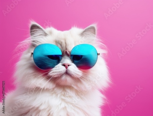 Cool white cat in blue sunglasses. Pink background.