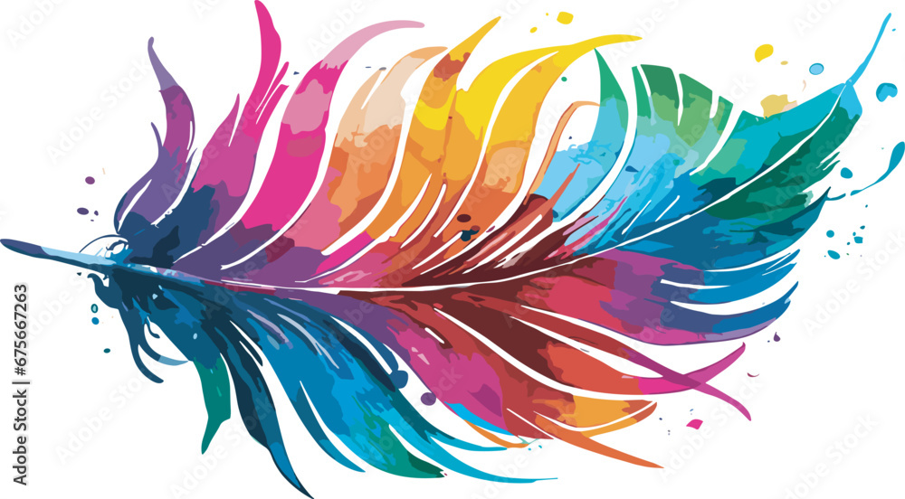 Colorful paint splash and watercolor feather illustration