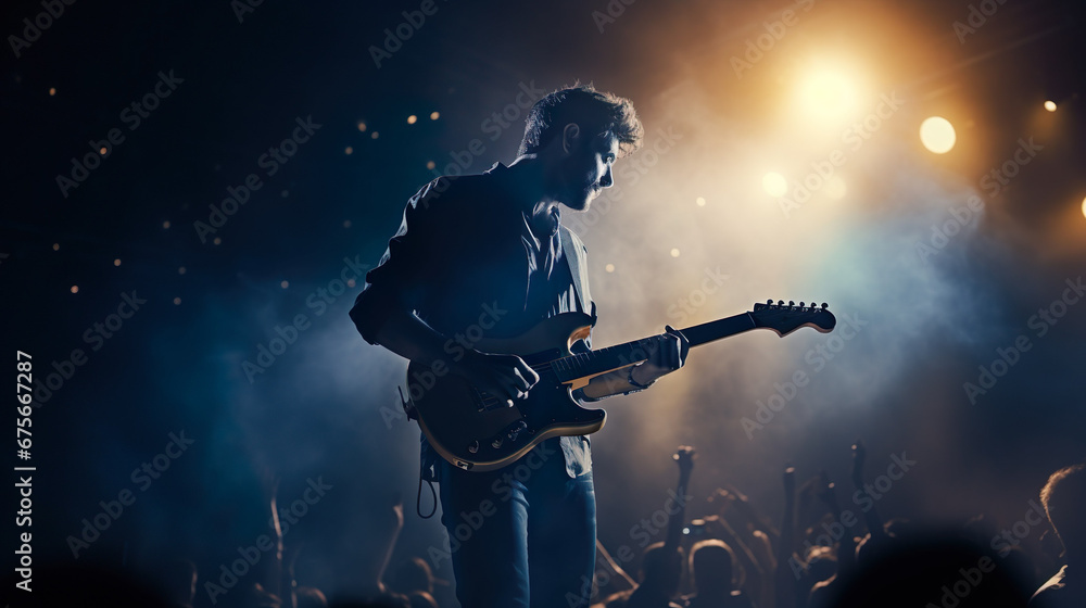 Musician playing electric guitar with his band.Rock and roll guitar player in a show, on a stage.