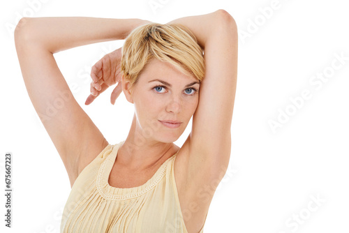 Portrait, deodorant and woman with armpit, epilation and beauty isolated on a transparent background. Person, girl and model with grooming, hair removal and skincare with cosmetics, png and clean