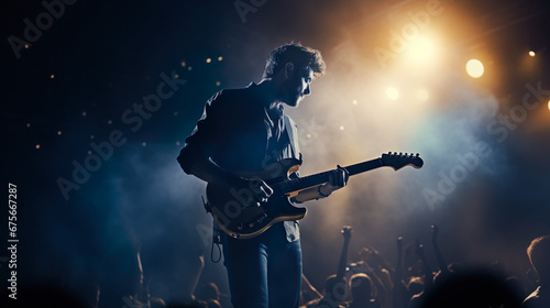Musician playing electric guitar with his band.Rock and roll guitar player in a show  on a stage.