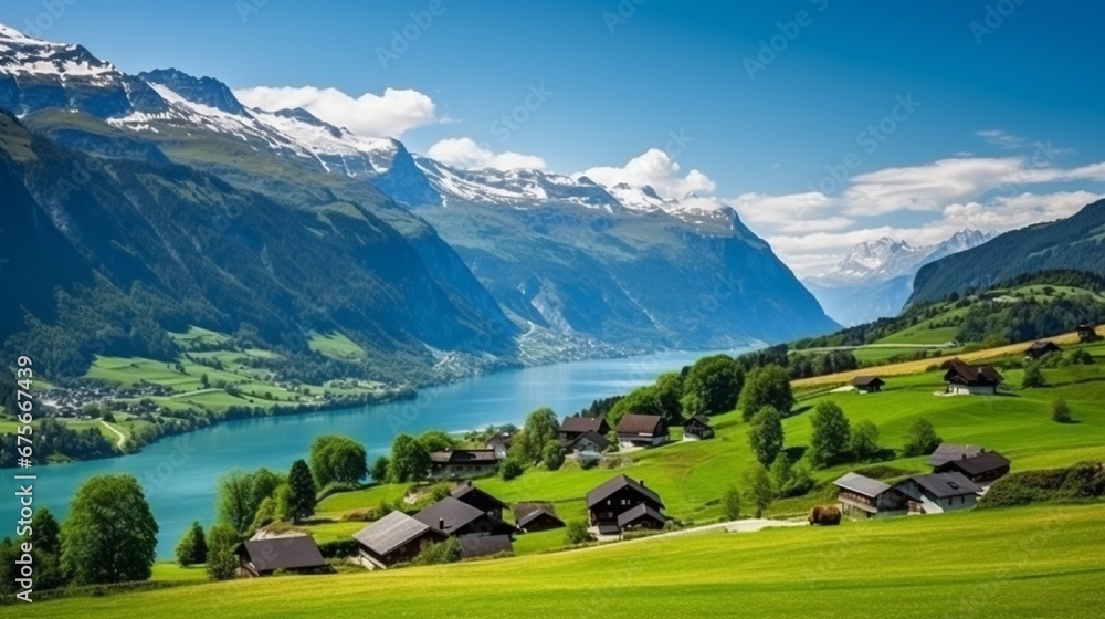 Idyllic Swiss nature landscape - green meadows surrounded by Alps mountains. Scenic lake Brienz, Iseltwald village - obrazy, fototapety, plakaty 