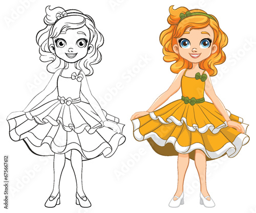 Party Princess: A Girl Cartoon Character in a Doodle Outline Dress