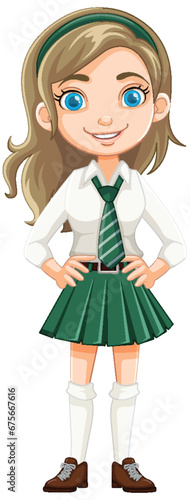 Smiling Cartoon Character: Beautiful Girl Student in School Uniform