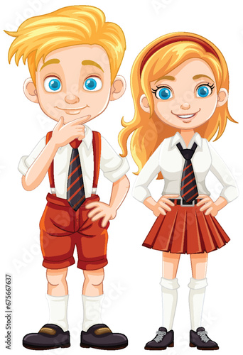 Cartoon Characters of Boy and Girl Students in Uniform