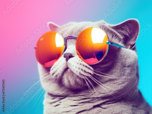 Cool Scottish Fold Cat in sunglasses. Neon background.