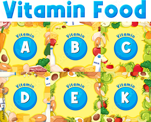 Educational Group of Vitamin Icons and Food Examples