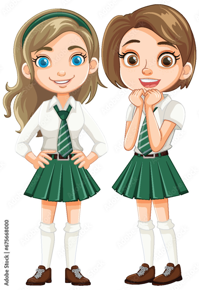 Two Cute Female Friends in School Uniform Cartoon Two Cute Female Friends in School Uniform Cartoon