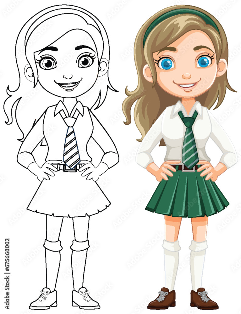 Smiling Cartoon Girl Student in School Uniform