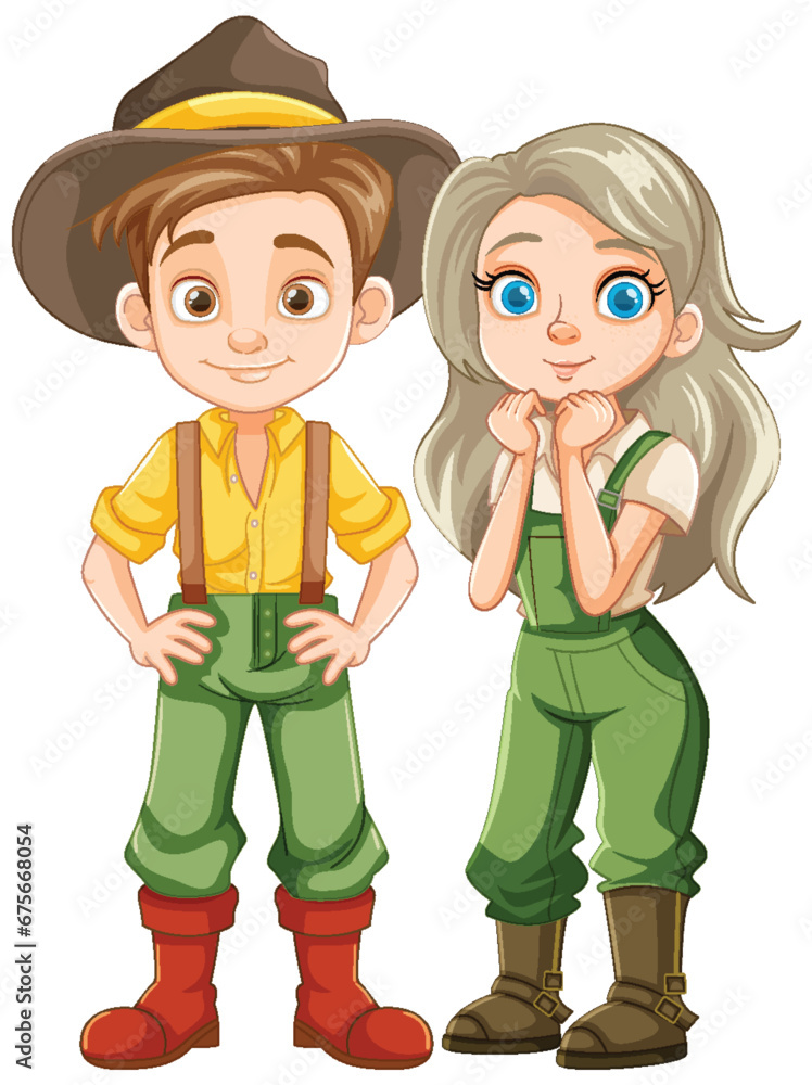 A Young Farmer Couple in Vector Cartoon Style A Young Farmer Couple in Vector Cartoon Style