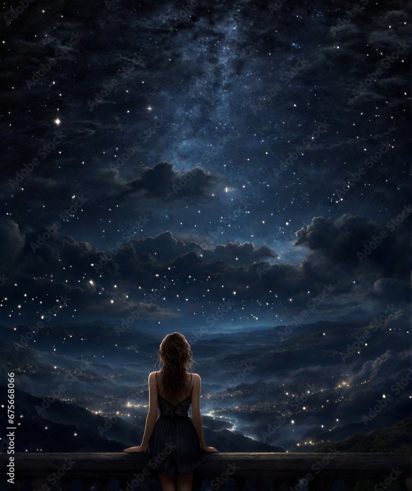 A teenager girl In the Night Sky 
