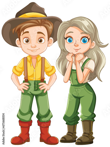 A Young Farmer Couple in Vector Cartoon Style