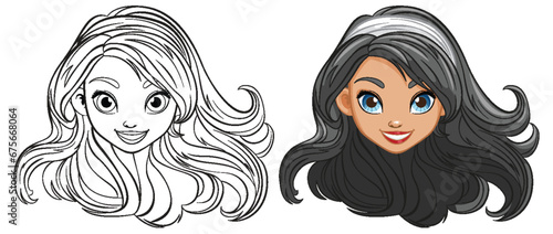 Beautiful Woman with Long Hair: Vector Cartoon Illustration
